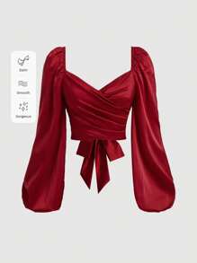 SHEIN MOD 纯色褶皱后结灯笼袖衬衫，长袖上衣 - 紅色 - 查看 5