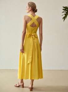 MOTF PREMIUM LINEN CRISS CROSS KNOT ZIPPER DRESS