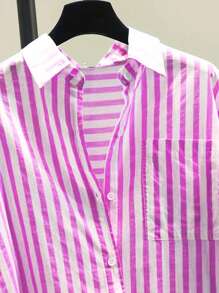 INAWLY Women's Casual Striped Print Long Sleeve Chest Pocket Shirt, Autumn &Winter Fall Cloth For Women - Mauve Purple - View 3