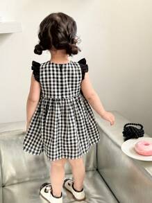 SHEIN LMoss Kids 女婴夏季可爱黑白格子蝴蝶结装饰连衣裙