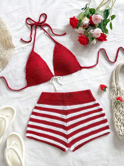 Soleia 2 件条纹比基尼上衣和沙滩针织毛衣套装，时尚假日沙滩装饰