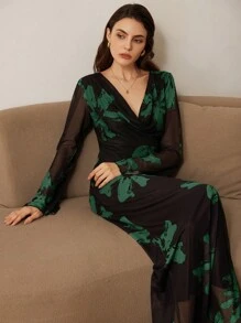 Aveloria 法式浪漫秋季复古垂领弹力轮廓印花网眼长裙，随机花卉印花长袖连衣裙情人节春夏女士连衣裙女士优雅 - 綠色 - 查看 2