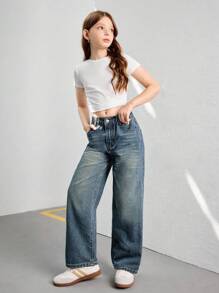 SHEIN Explorewe Streetcool Tween Girls Vintage Loose Wide Leg Jeans, Casual Straight Leg Denim Pants - Dark Wash - View 6