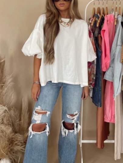 INAWLY 女士优雅休闲泡泡袖纯色 T 恤