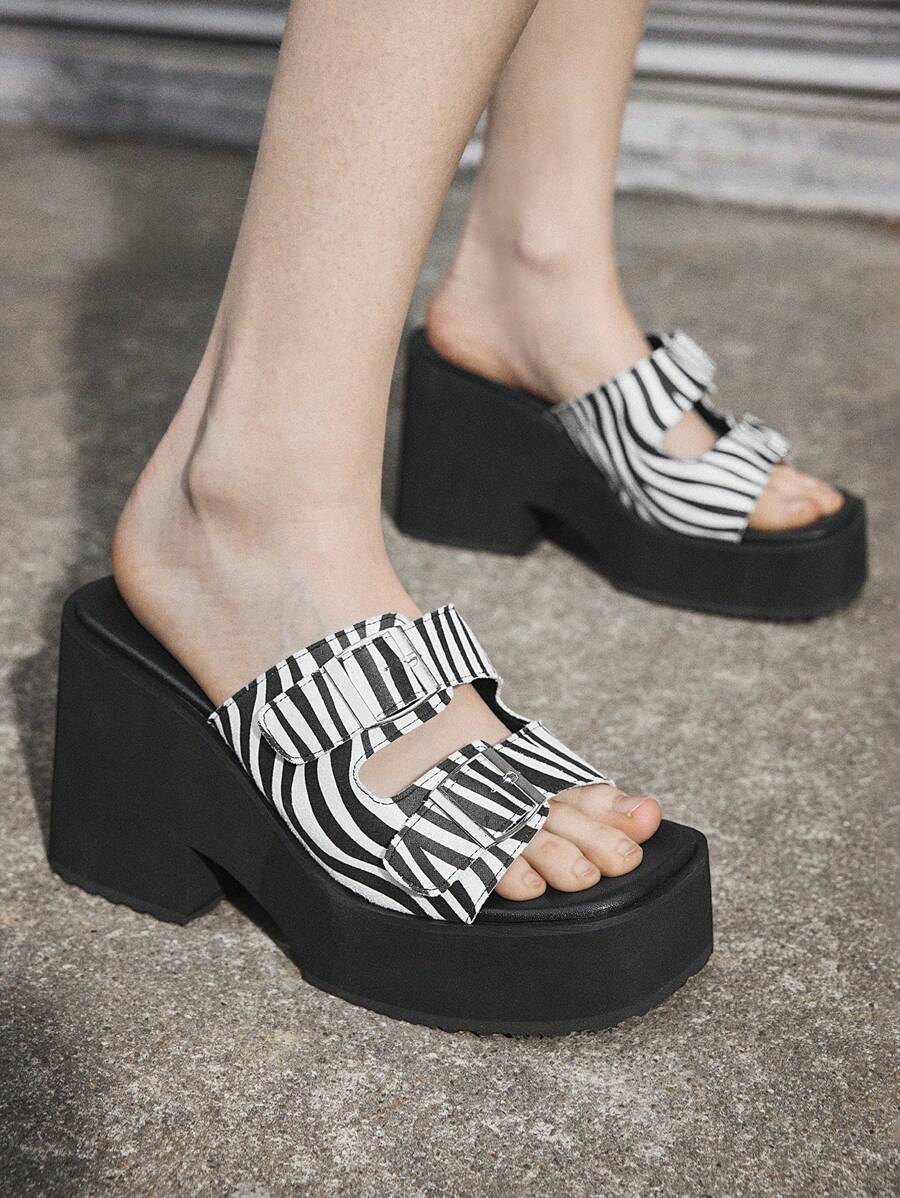 Sugerpunk Summer Fashion Zebra Pattern Buckle Thick Sole Platform Sandals - Black and White - View 1