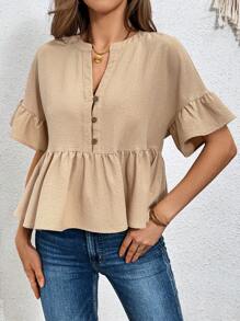 SHEIN Essnce 休閒質感割角領半扣設計荷葉邊上衣,適用於家居穿著 - 卡其色 - 查看 5