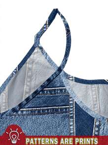 EMERY ROSE Plus Size Denim Effect Patchwork Pattern Print Loose Jumpsuit Romper, Suitable For Spring, Summer, Autumn,Flower/Vacation - Blue - View 5