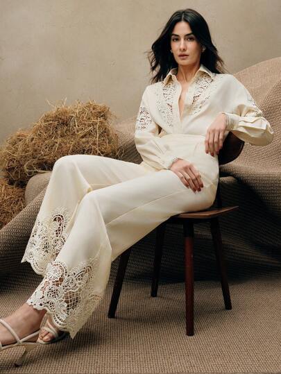 Anewsta 商务休闲女装两件套：优雅蕾丝拼布镂空宽松上衣和阔腿裤女式裤套装