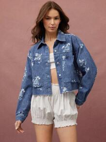 WESTFADE 领口纽扣前西部风实用口袋毛边下摆春季碎花印花牛仔长袖夹克