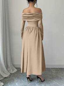 SHEIN Unity Women's Solid Color Off-Shoulder Long Sleeve Ruffle Fashion Elegant Dress - Khaki - View 2
