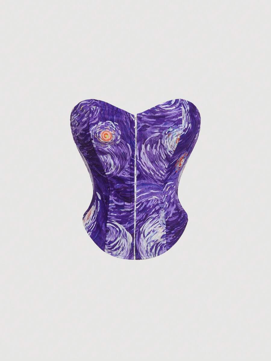 SHEIN MOD Women's Van Gogh Starry Sky Print Compression Sports Bra,Crop Tops - Purple - View 1