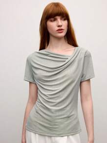 BizChic Women's Solid Color Asymmetric Neckline Simple Fashion T-Shirt, Suitable For Summer - Grey - View 4
