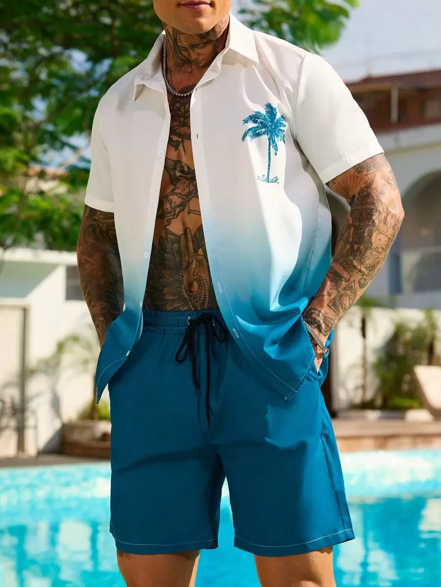 Manfinity RSRT 2 件男士简约时尚休闲短袖上衣和短裤套装，日常穿着