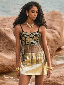 Poéselle 女士时尚亮片流苏下摆吊带背心，夏季