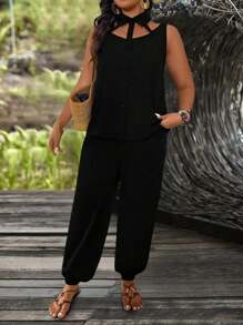 SHEIN LUNE Plus Size Women Casual Turn-Down Collar Cutout Top & Drawstring Hem Pants Set - Black - View 4