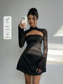 Aloruh 女士性感透明露背露胸喇叭袖合身 A 字型迷你派对连衣裙，黑色