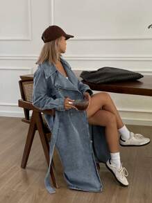 Livesso Women's Fashion Washed Double-Breasted Denim Jacket,Fall Clothes,Back To School Clothes