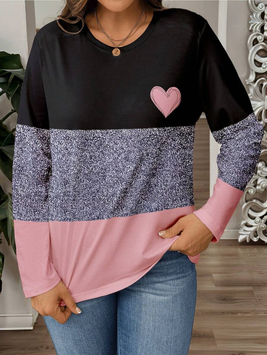 SHEIN LUNE Plus Size Women Colorblock Print Round Neck Long Sleeve Casual T-Shirt,Valentine Fall Cloth For Women