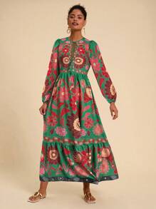 Travachic 度假花卉印花系带长袖连衣裙、秋装、优雅女装、秋季女装、墨西哥女装