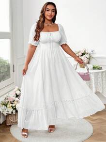 Vionelle Plus Size Sweet Romantic Pink Square Neck Bowknot Ruffle Hem Long Dress Easter Wear - White - View 5