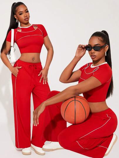 SHEIN SXY 2 件套春夏纯色红色配白色饰边休闲运动套装，短袖 T 恤 + 阔腿裤，比赛季节服装