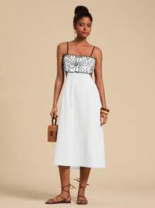 Travachic 度假休闲刺绣镂空腰线 A 字形女式中长吊带裙 - 白色 - 查看 4