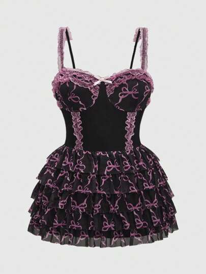 Kawaii Plus Size Sweet Bow Applique Mesh Party Dress For Valentine's Day