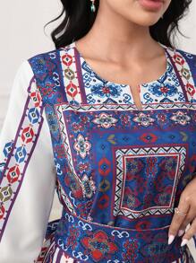 Al Najma U领复古印花喇叭袖摆裙，阿拉伯风格，春夏，端庄