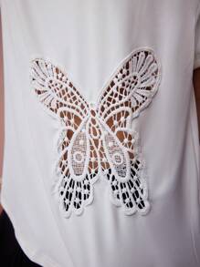 Enchnt 春夏浪漫女士蝴蝶刺绣镂空 T 恤，甜美优雅，适合情人节、节日、甜蜜约会、日常和度假 - 白色 - 查看 3