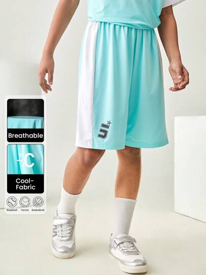 JNSQ Back To School Clothes, Tween Girl And Boy Outdoor Professional Sports Shorts, Children Contrast Color Elastic Waist Funny Letter Print Pattern Professional Sports Shorts