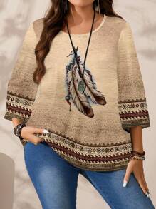 EMERY ROSE Plus Size Women Floral & Feather Retro Print Loose Casual Full-Coverage Retro Print Round Neck 3/4 Sleeve Blouse, Spring/Summer Autumn,Vacation - Khaki - View 4