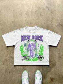 Manfinity EMRG Men's Letter Angel Print Round Neck Short Sleeve Casual T-Shirt - White - View 5