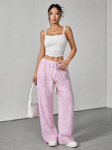 SHEIN PETITE Pantalones elegantes de talle bajo, cómodos y sensuales, con estampado versátil de rayas y lazo - Rosa - Ver 7