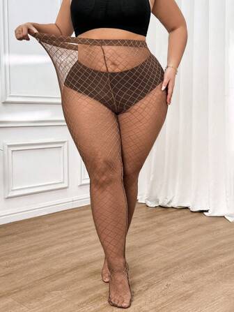 SHEIN CURVE+ 大码时尚性感钻石网眼透明紧身裤情人节爱/情人心 XOXO/亲吻拥抱和亲吻做我的宝贝/宝贝吻/唇心丘比特/天使玫瑰蝴蝶结微笑蝴蝶樱桃草莓 3D 玫瑰/花蝴蝶结