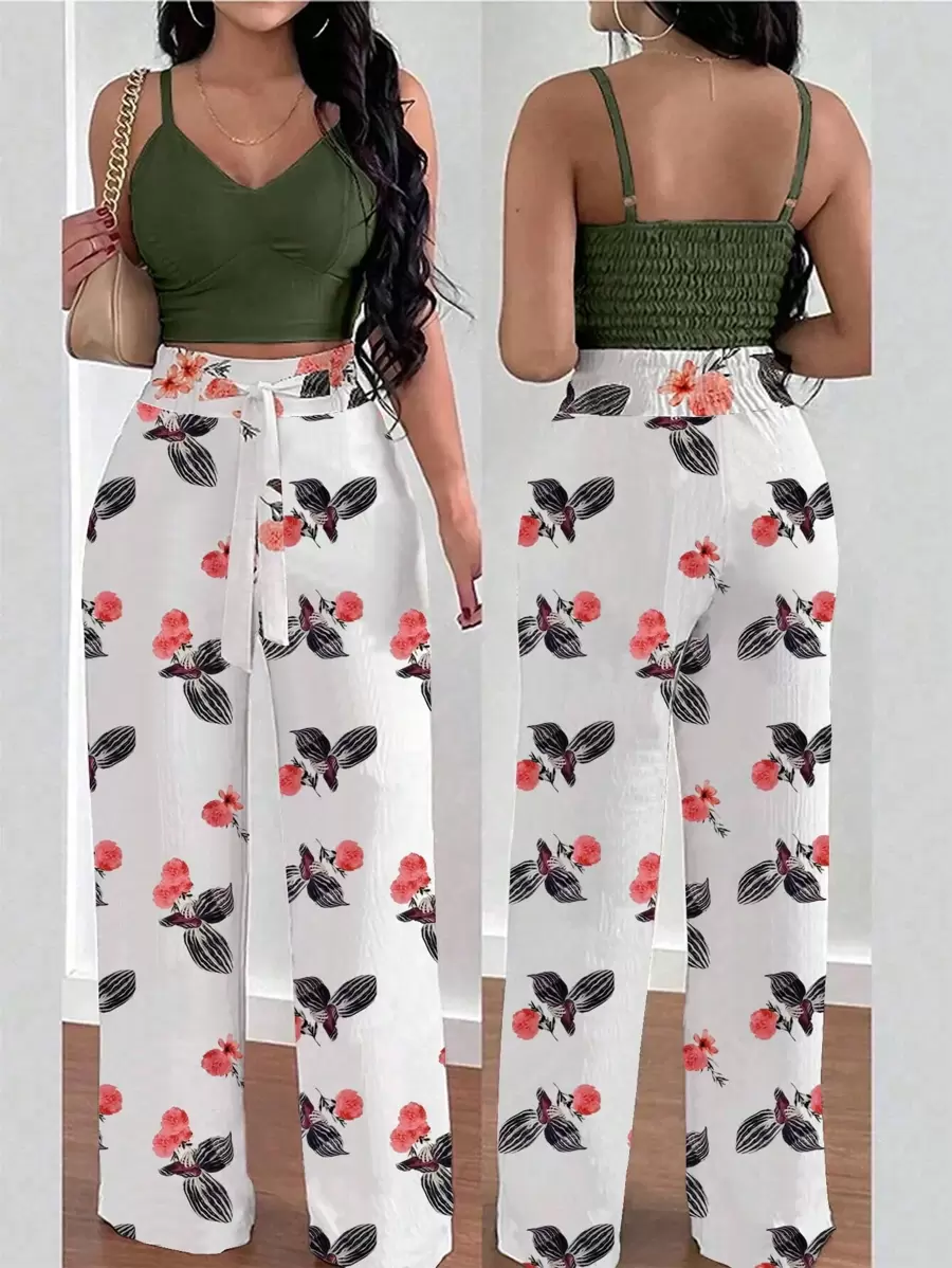 INAWLY 大码纯色细肩带吊带背心和休闲裤 2 件套 - 彩色 - 查看 1