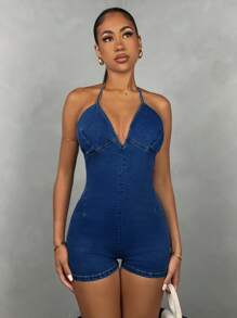 SHEIN BAE Denim Jumpsuit - Medium Wash&Jumpers And Women Rompers&Summer Tops&Summer Clothes&Festival Outfits&Country Concert Outfit&Rave Festival Outfits - Dark Wash - View 5