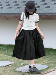 Dazy Kids Váy xếp ly trơn màu đơn giản đa năng cho bé gái tuổi mới lớn - màu đen - Xem 4