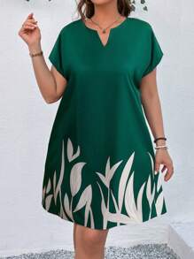 SHEIN LUNE 大码女式花卉印花镂空 V 领蝙蝠袖短袖休闲连衣裙 - 綠色 - 查看 6