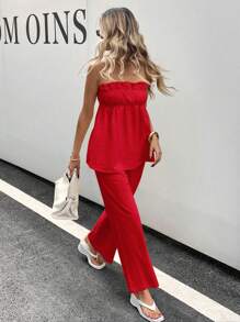 Siren Gaze 2 piezas Top de tirantes de unicolor y pantalones largos para mujer, minimalista y de moda, apropiado para el verano - Rojo - Ver 5