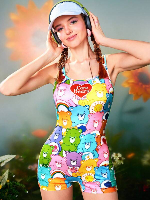 SHEIN X Care Bears Women's Vest Jumpsuit, Workout Wear, Cartoon, Heart Pattern Cute, Casual, High Elastic Pit Fabric Jumpsuit For Spring And Summer