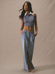 MUSERA Pinstripe Collared Cropped Sleeveless Button Down Top Spring  Cute Vacation Al Fresco Work Everyday Casual Holiday - Navy Blue - View 5