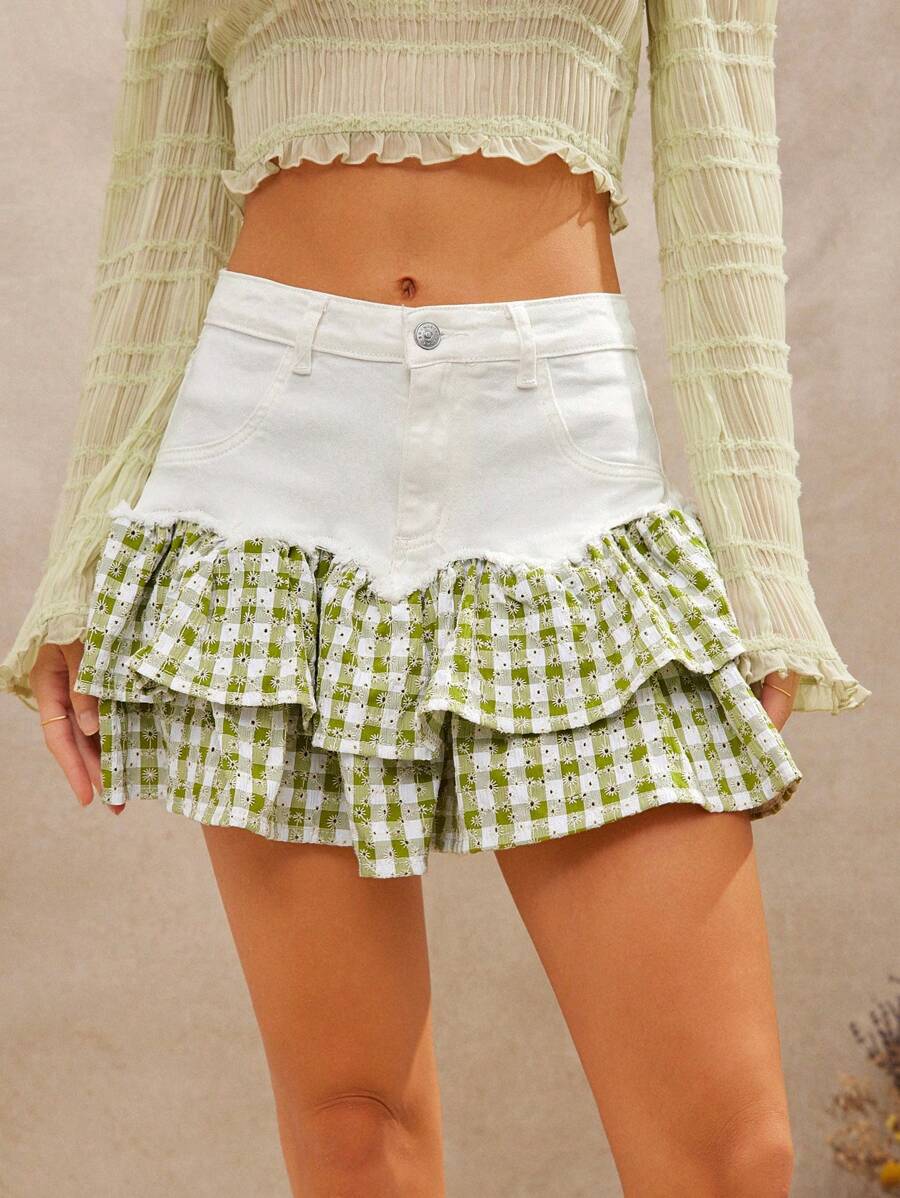 WESTFADE Western Mixed Media Spring Floral Eyelet Gingham Checkered Plaid & Denim Frayed Ruffle A Line Mini Cowgirl Skirt Spring Break Summer Vacation - Multicolor - View 1