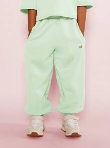 SUMWON Kids Butterfly Logo Two-Piece Leisure Set Boxy Crop Top Baggy Sweatpants Cozy Spring Fall Outfit Matching Wear Tracksuit Comfortable Play Set - Mint Green - View 4