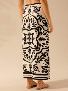 CAJUNI Fusta de damă vintage boemă neagră cu imprimeu floral cu fante înalte, vacanță ocazională - Multicolor - Vizualizare 2