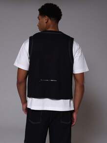 Musero Contrast Stitch Zip Pockets Sleeveless Utility Vest Only - Black - View 4