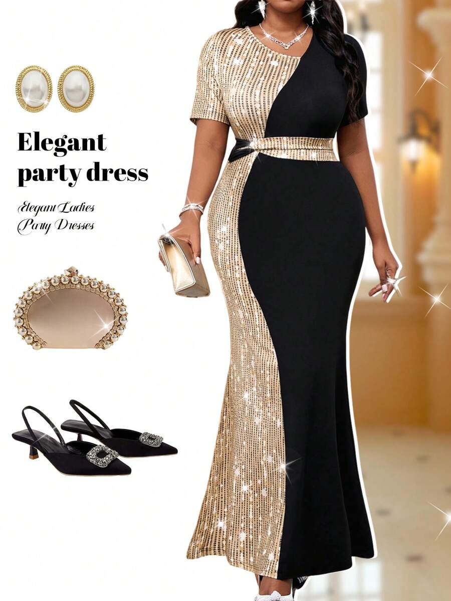 Fleurora 大码夏秋冬优雅派对婚礼酒会演唱会/音乐节彩色针织圆领美人鱼长袖连衣裙，情人节度假新年派对服装