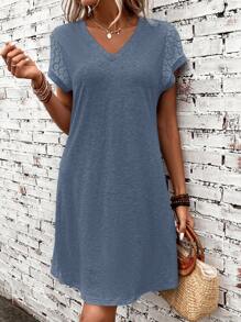 SHEIN LUNE Women's Solid Color V-Neck Lace Short Sleeve Straight Casual Midi Dress