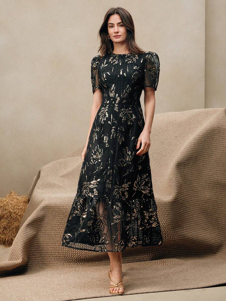 Anewsta Women Elegant Floral Lace Patchwork Sequins Rope Embroidered Round Neck Short Sleeve Dress - Black - View 1