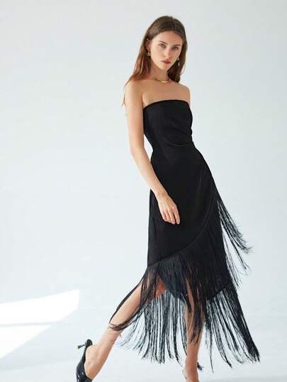 Aveloria Modichic 女士黑色纯色优雅简约设计露背褶皱流苏拼接晚会礼服