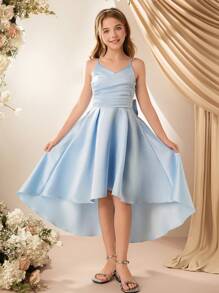 Robe demoiselle d'honneur pour préadolescentes à col en V sans manches avec grand nœud au dos, coupe évasée, courte devant longue derrière, robe de demoiselle d'honneur de luxe pour mariage, anniversaire, représentation - Bleu azur - Voir 7